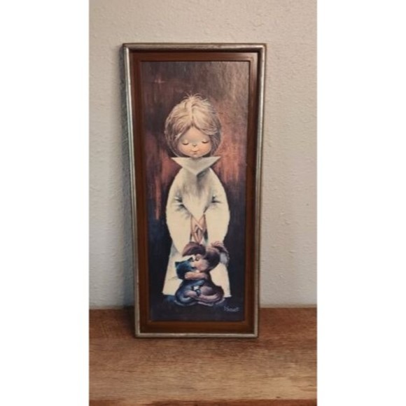 Mid Century Pictures1960's Vemet I.VEMET Litho Boy Cat Dog Wall Hanging art - Picture 1 of 7
